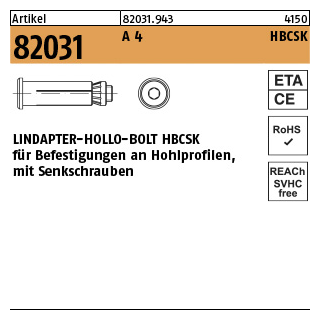 1 Stück, Artikel 82031 A 4 HBCSK LINDAPTER-HOLLO-BOLT HBCSK für Befest. an Hohlprofilen, mit Senkschrauben - Abmessung: HBCSK 08-1 ( 50/22)