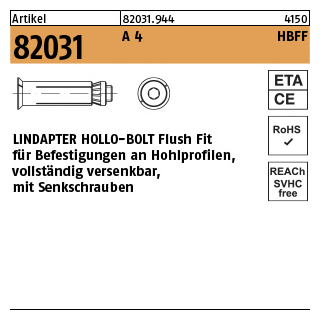 1 Stück, Artikel 82031 A 4 HBFF LINDAPTER-HOLLO-BOLT FlushFit f. vollst. versenkbare Befestigung an Hohlprofilen - Abmessung: HBFF 08-2 ( 70/45)