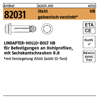 1 Stück, Artikel 82031 Stahl HB galvanisch verzinkt LINDAPTER-HOLLO-BOLT HB f. Befestigungen an Hohlprofilen, mit Sechskantschraube - Abmessung: HB 08-3 ( 90/60)