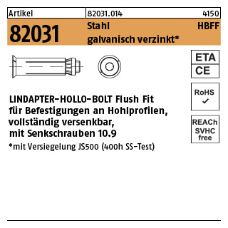 1 Stück, Artikel 82031 Stahl HBFF galvanisch verzinkt LINDAPTER-HOLLO-BOLT FlushFit f. vollst. versenkbare Befestigung an Hohlprofilen - Abmessung: HBFF 08-3 ( 90/64)