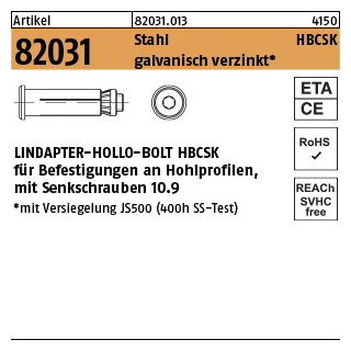 1 Stück, Artikel 82031 Stahl HBCSK galvanisch verzinkt LINDAPTER-HOLLO-BOLT HBCSK für Befest. an Hohlprofilen, mit Senkschrauben - Abmessung: HBCSK 10-1 ( 50/22)