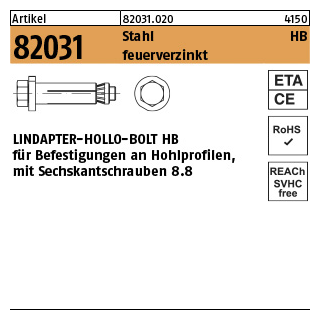 1 Stück, Artikel 82031 Stahl HB feuerverzinkt LINDAPTER-HOLLO-BOLT HB f. Befestigungen an Hohlprofilen, mit Sechskantschraube - Abmessung: HB 10-1 ( 55/22)