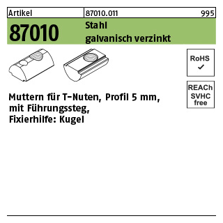 1000 Stück, Artikel 87010 Stahl für Profil 5 galvanisch verzinkt Muttern für T-Nuten mit Führungssteg und Kugel - Abmessung: 5 mm, M 4