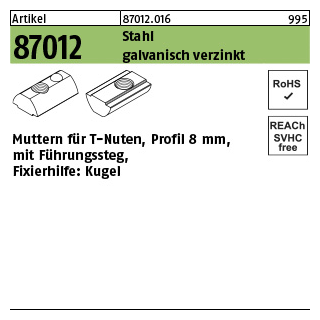 1000 Stück, Artikel 87012 Stahl für Profil 8 galvanisch verzinkt Muttern für T-Nuten mit Führungssteg und Kugel - Abmessung: 8 mm, M 8