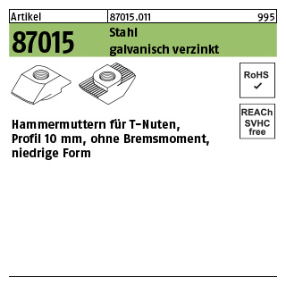 100 Stück, Artikel 87015 Stahl für Profil 10 galvanisch verzinkt Hammermuttern für T-Nuten ohne Bremsmoment, niedrige Form - Abmessung: 10 mm, M 8