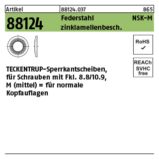 1000 Stück, Artikel 88124 Federstahl Form M zinklamellenbesch. TECKENTRUP-Sperrkantscheiben NSK für Fkl. 8.8/10.9, für normale Kopfaufl. - Abmessung: NSK-M 5