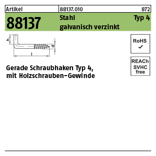 200 Stück, Artikel 88137 Stahl Typ 4 galvanisch verzinkt Gerade Schraubhaken Typ 4, mit Holzschrauben-Gewinde - Abmessung: 20 x 2,8 x 8