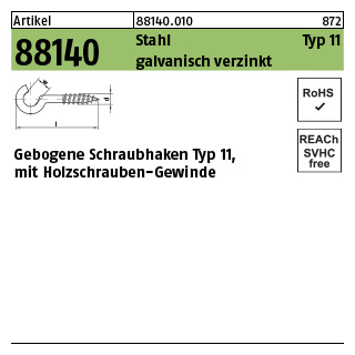 100 Stück, Artikel 88140 Stahl Typ 11 galvanisch verzinkt Gebogene Schraubhaken Typ 11, mit Holzschrauben-Gewinde - Abmessung: 20 x 2,3 x 6