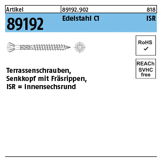 200 Stück, Artikel 89192 Edelstahl C1 Seko-T Terrassenschrauben, Senkkopf, Innensechsrund, Teilgewinde - Abmessung: 5 x 40/26 -T25